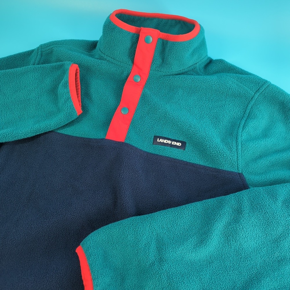 Lands End Mens Fleece Pullover Colorblock Teal Navy Blue Snap Neck Small